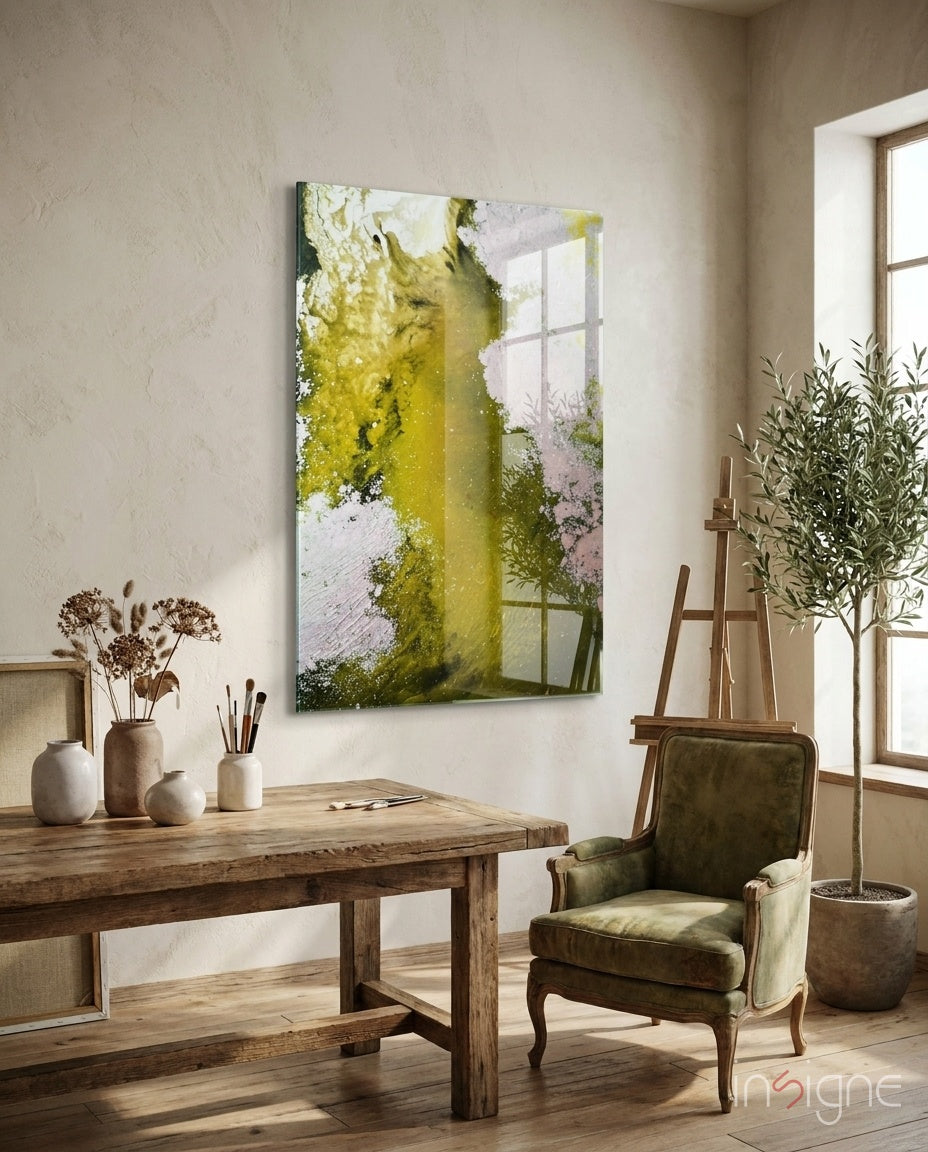 Lime green waterfall abstract glass wall art