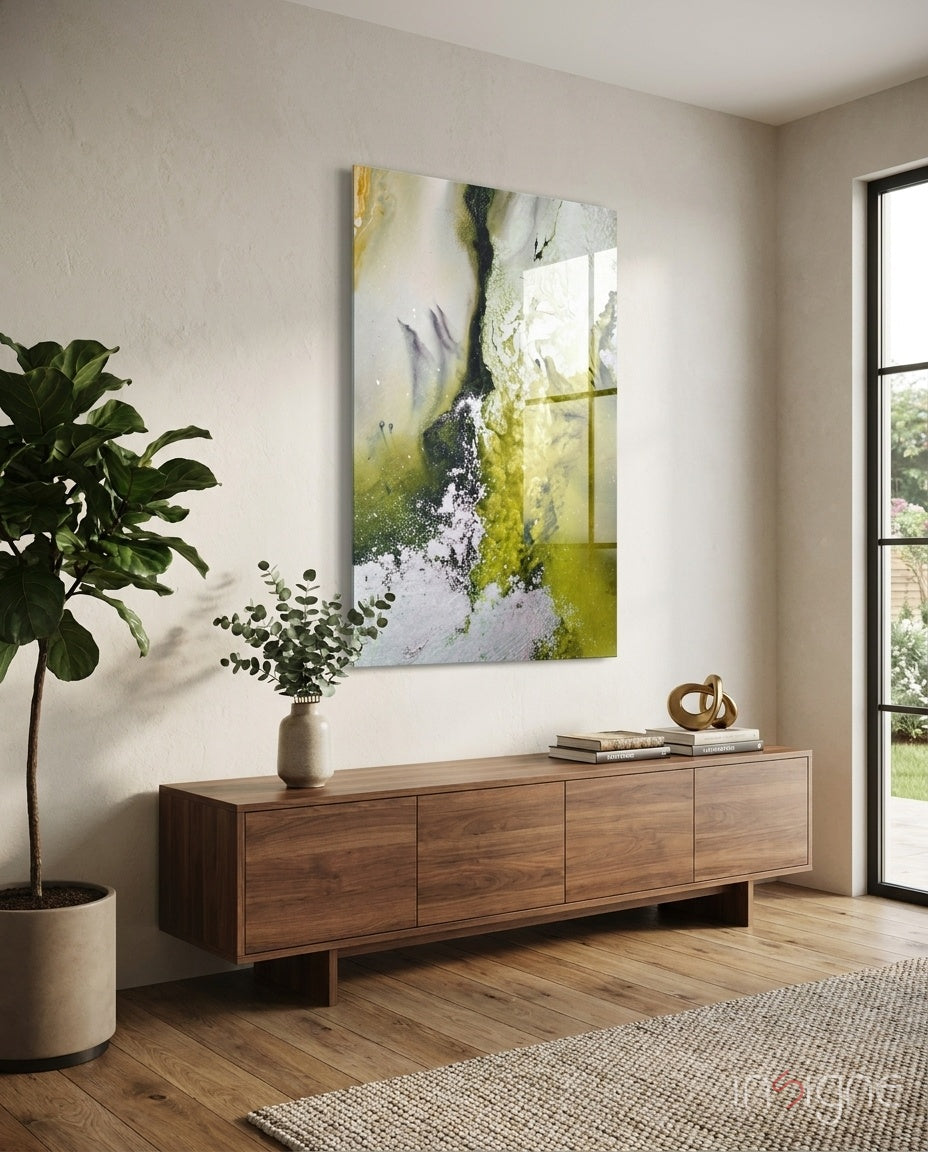 Chartreuse lavender ink flow glass wall art