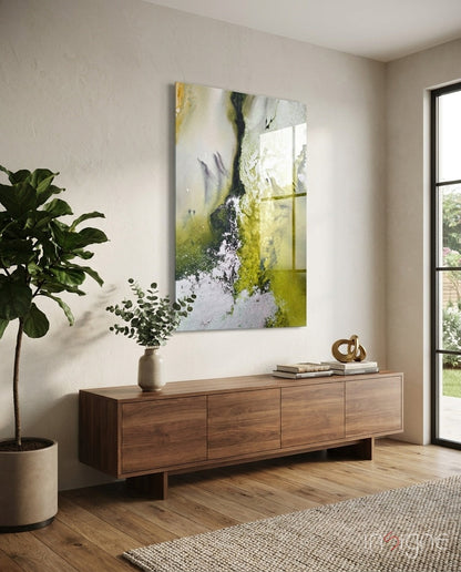 Chartreuse lavender ink flow glass wall art