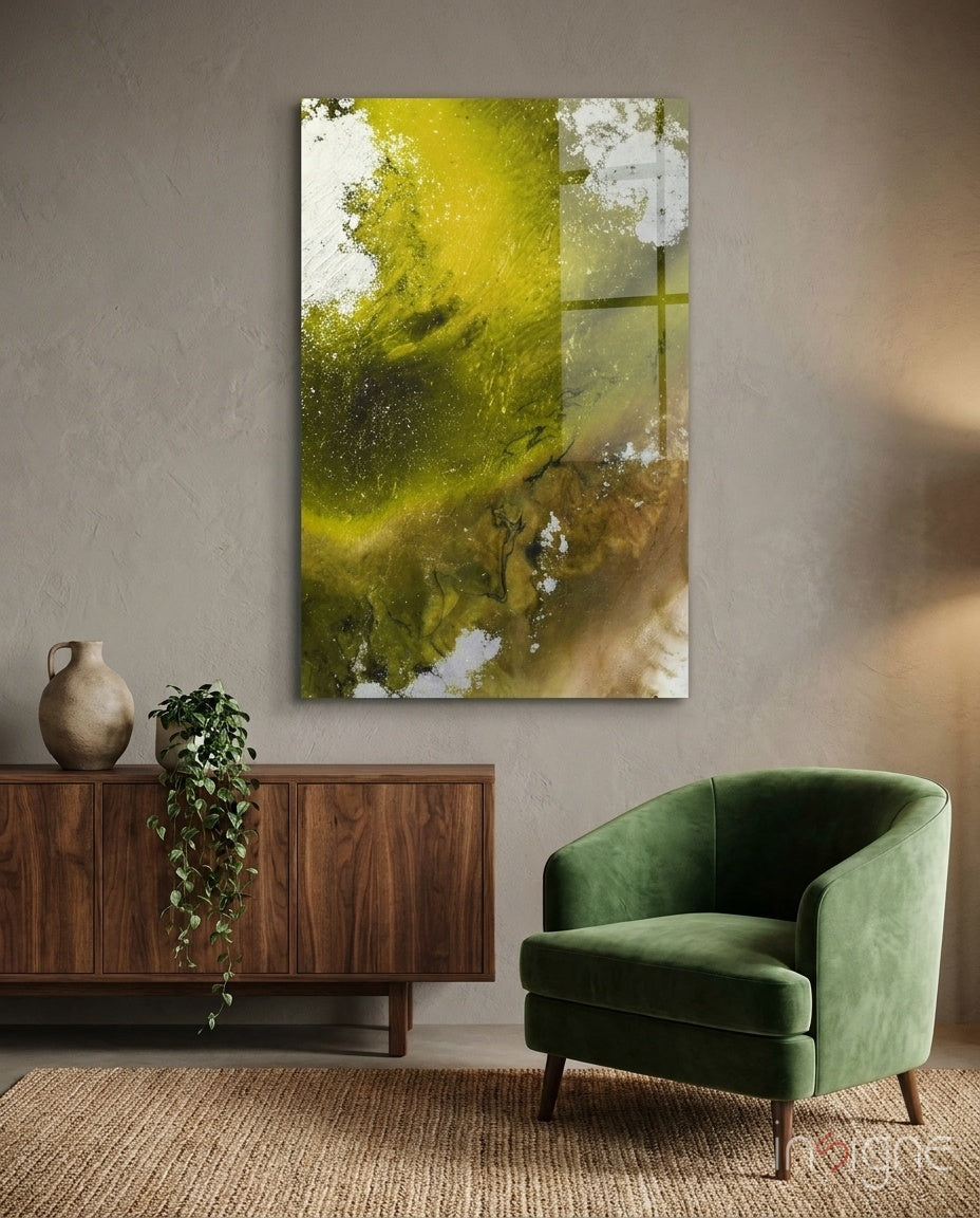 Olive green gold fluid ink abstract glass wall art