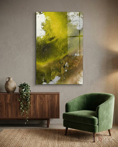 Olive green gold fluid ink abstract glass wall art