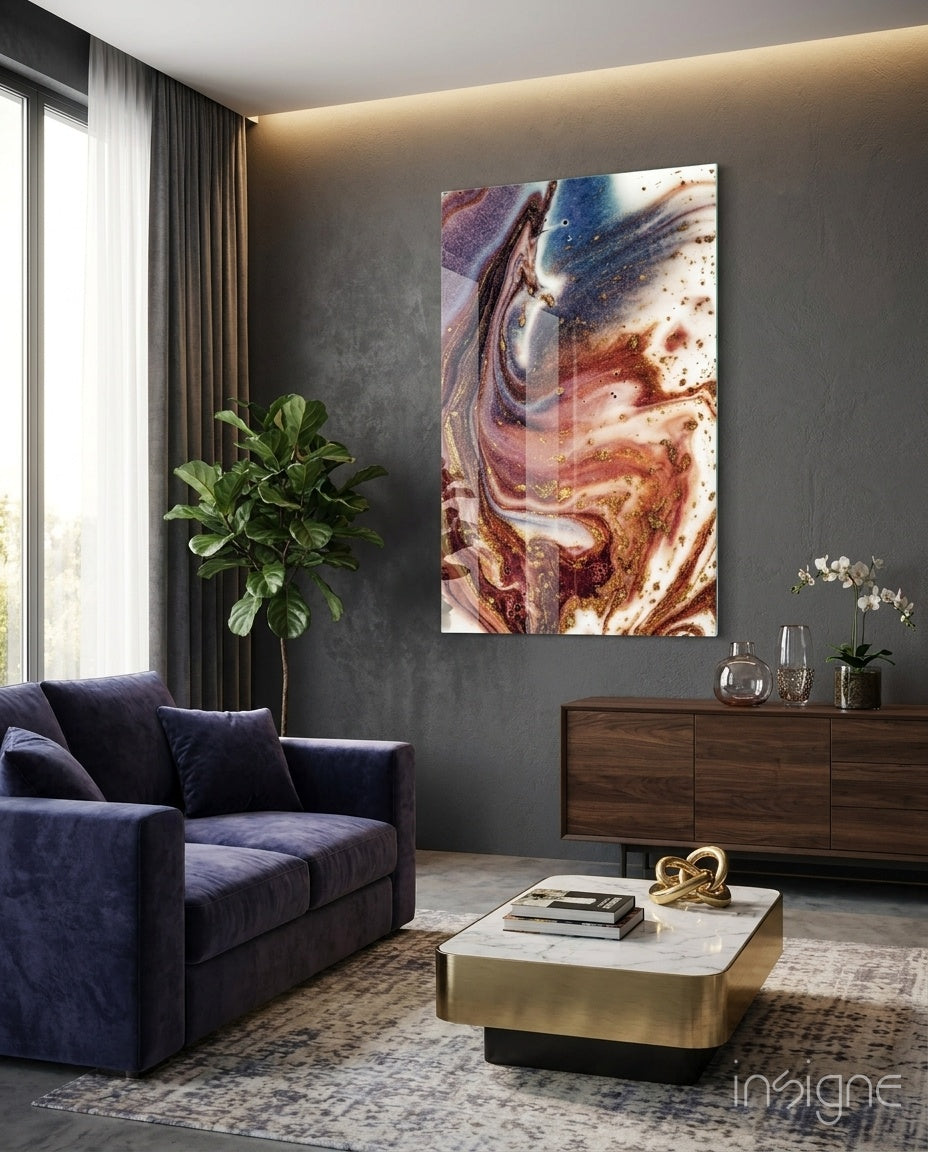 Purple copper blue marble abstract glass wall art