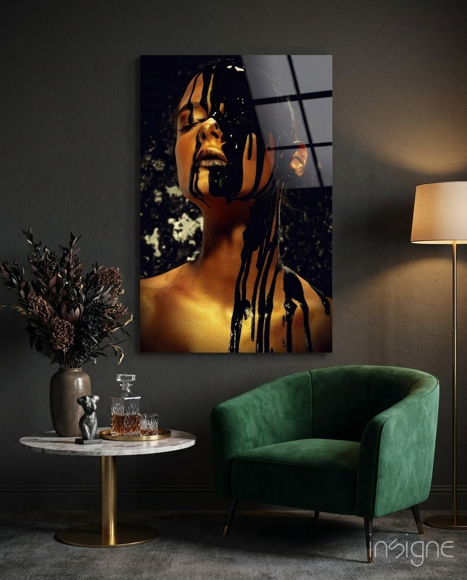 Gold paint drip portrait glass wall art
