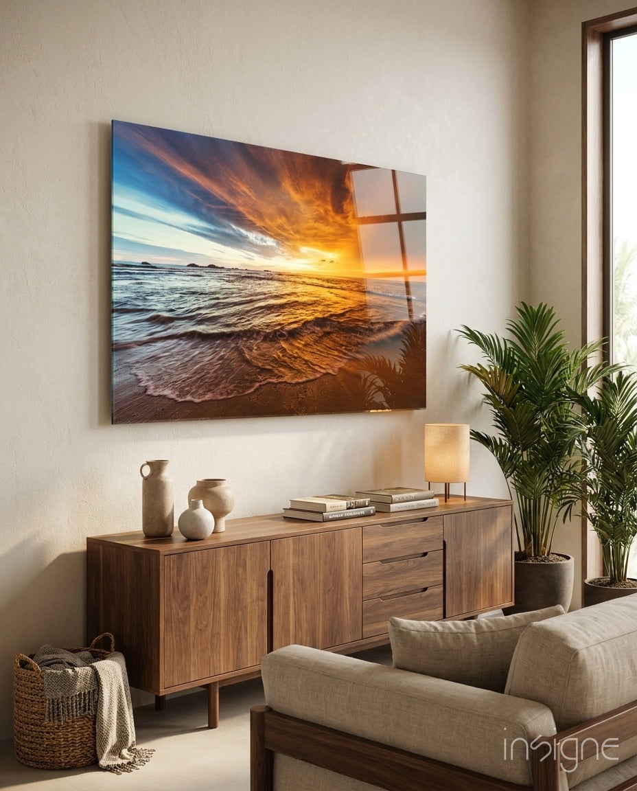 Golden tide coastal sunset glass wall art