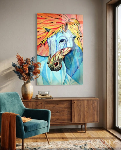 Vibrant Cubist Horse animal glass wall art