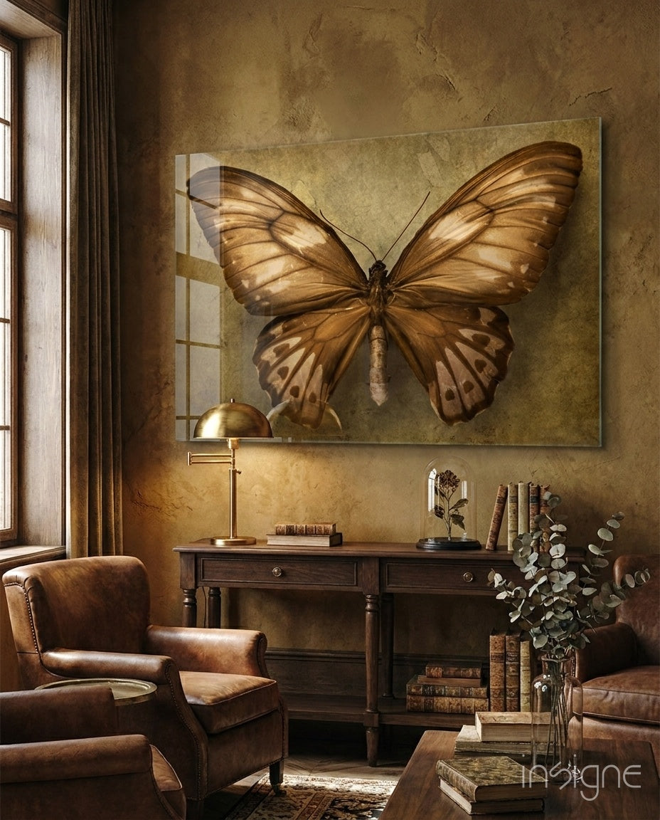 Butterfly glass wall art copper sepia tempered glass