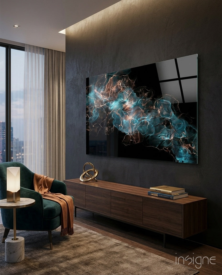 Teal copper energy flow glass wall art