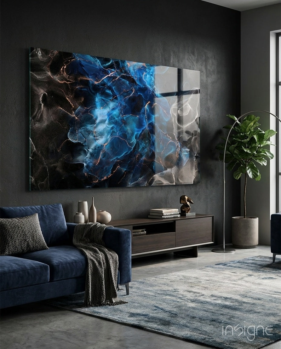 Sapphire Blue Ink Flow abstract glass wall art