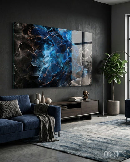 Sapphire Blue Ink Flow abstract glass wall art