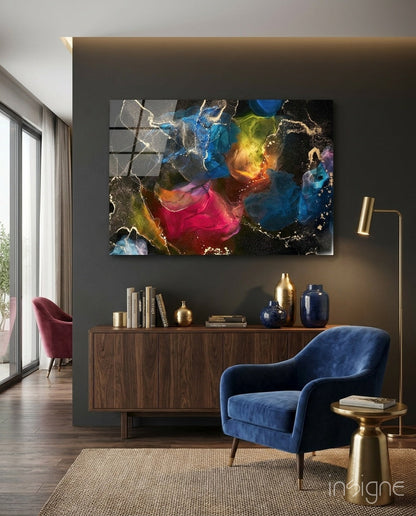 Vibrant Rainbow Ink Marble abstract glass wall art