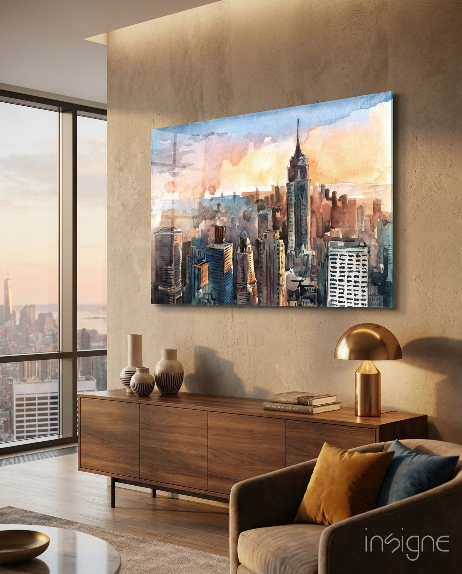 Watercolor Manhattan Skyline Glass Art
