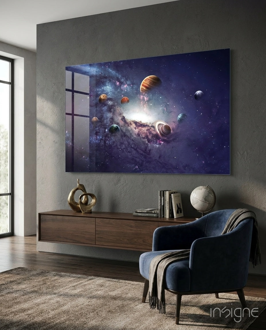 Purple Galaxy Planets and Saturn glass wall art cosmic nebula design