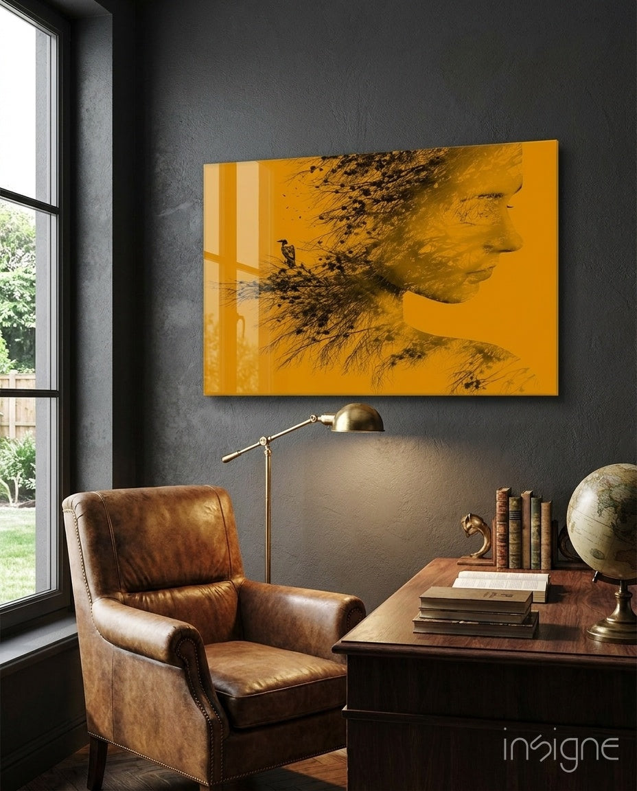 Woman Bird glass wall art warm silhouette