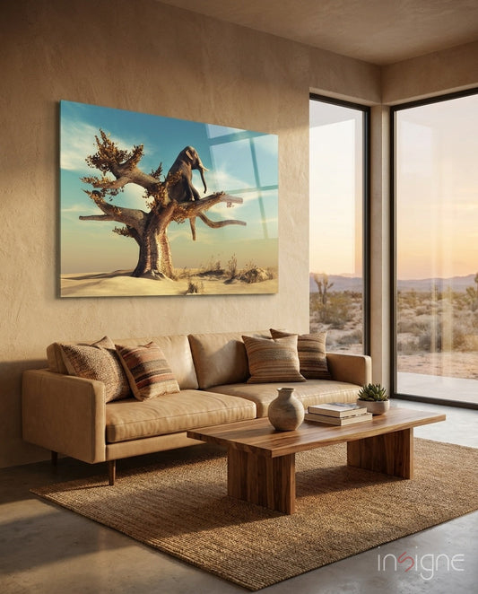 Surreal elephant balancing on tree glass wall art beige cobalt tempered glass