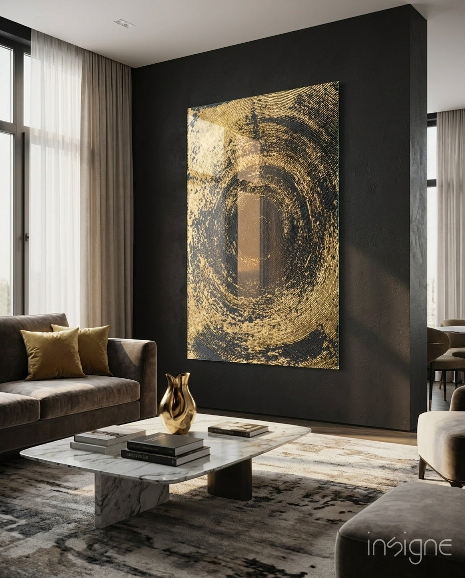 Gold Spiral abstract glass wall art panel