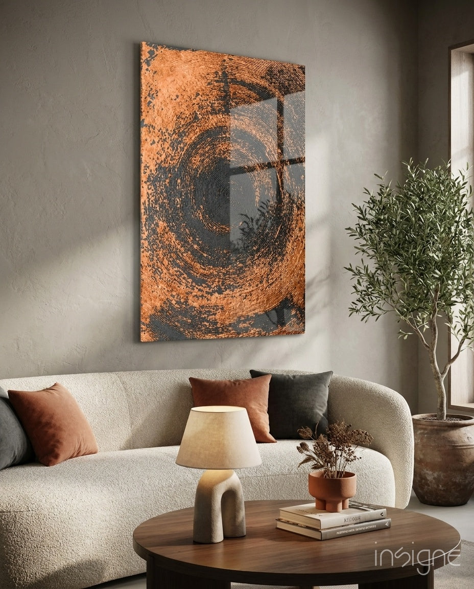 Copper Spiral abstract glass wall art with metallic copper tones