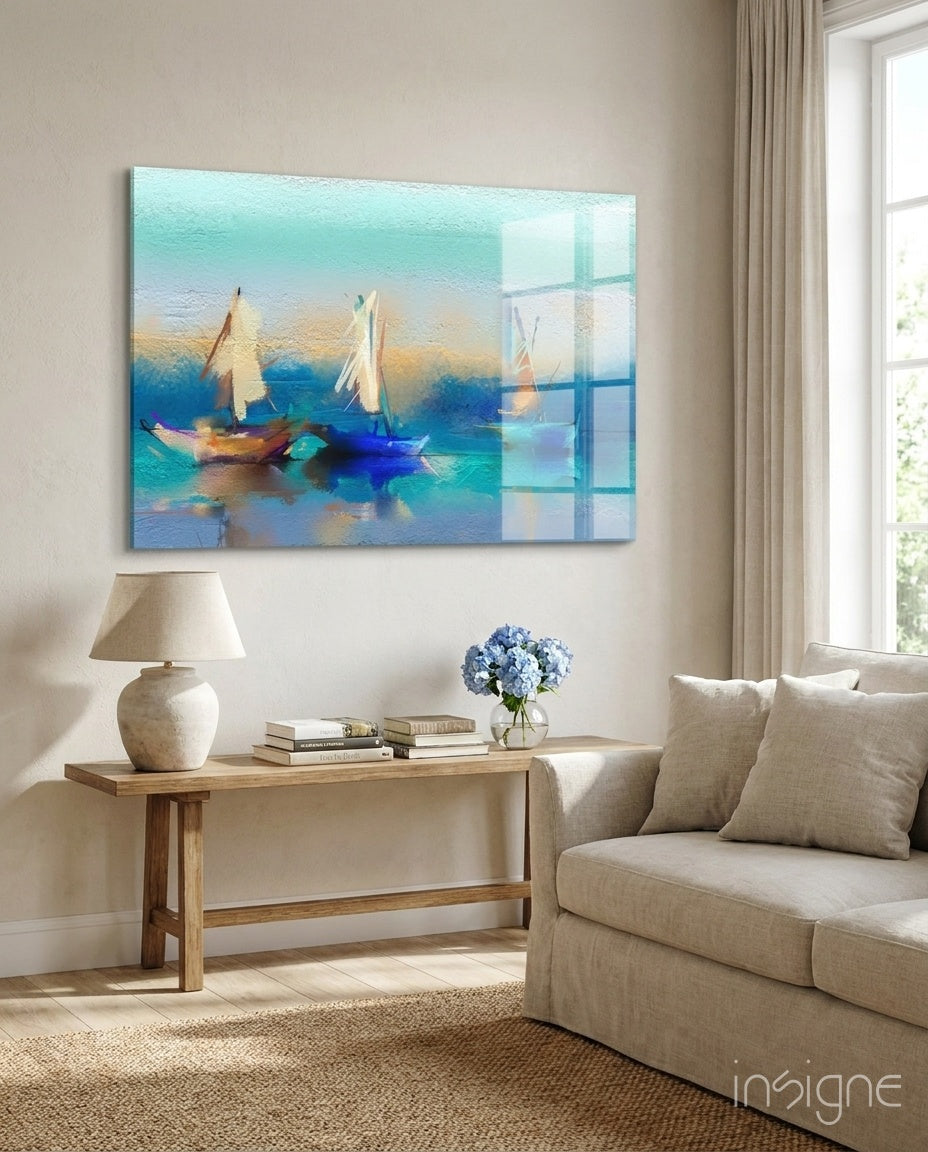 Turquoise sailboats glass wall art impressionist seascape