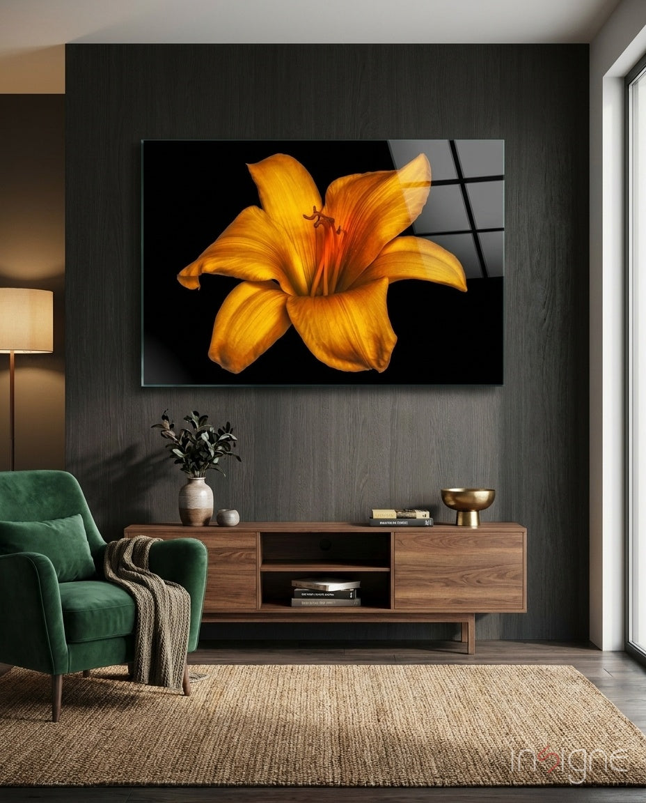 Golden orange lily glass wall art on black