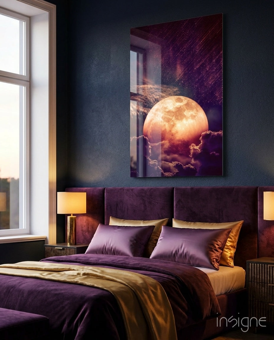 Copper moon above clouds fantasy glass wall art