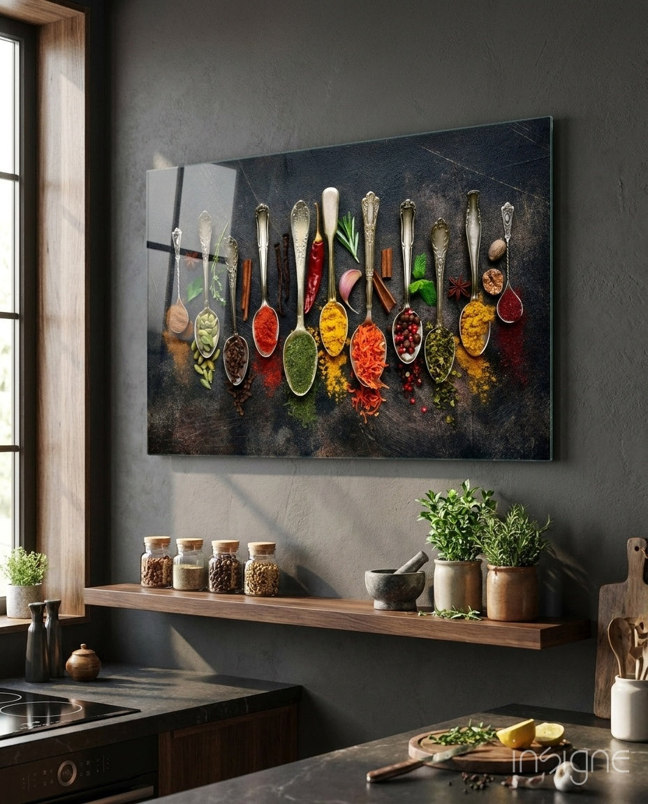 Silver spoons with colorful spices glass wall art