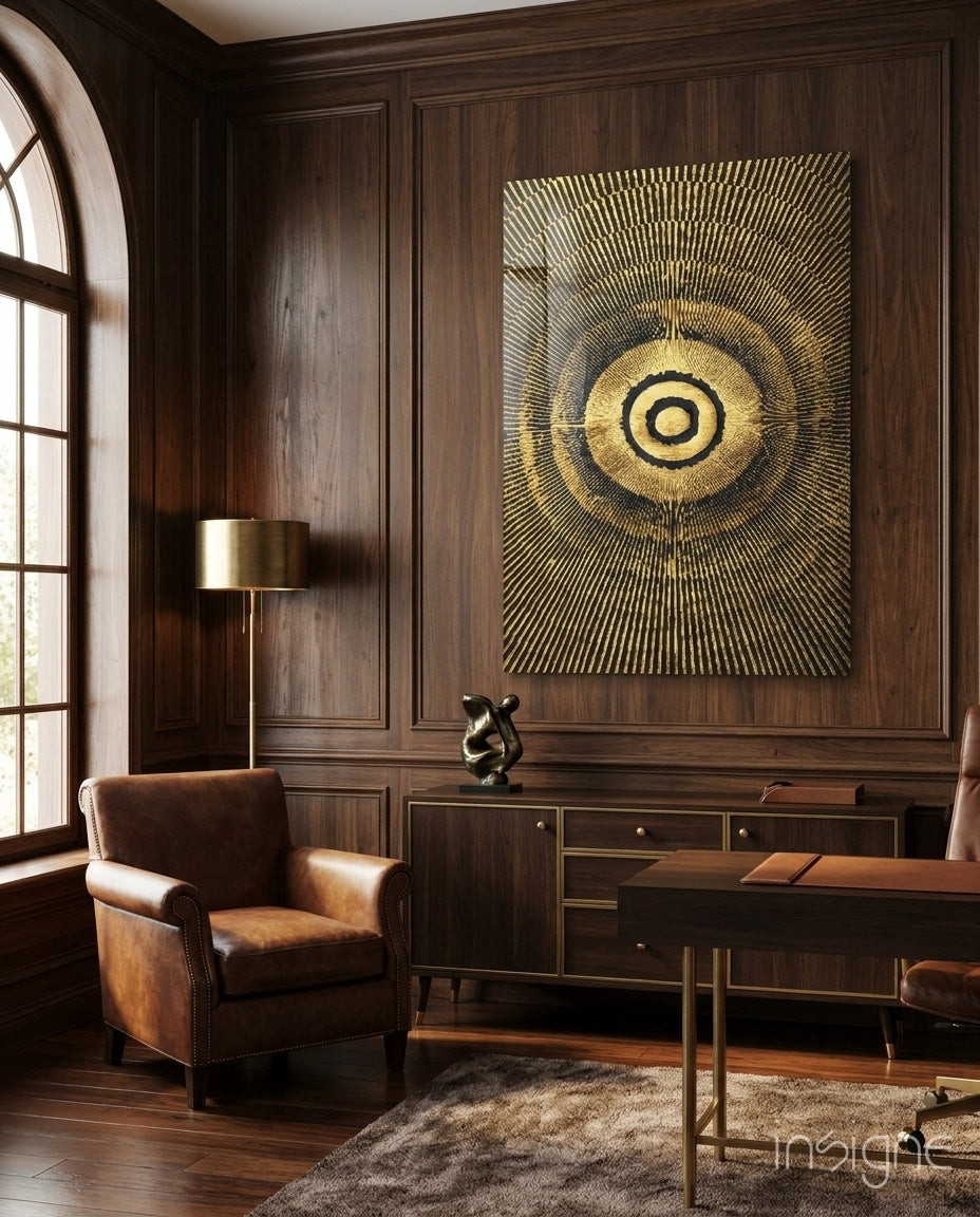 Gold Sunburst abstract glass wall art panel