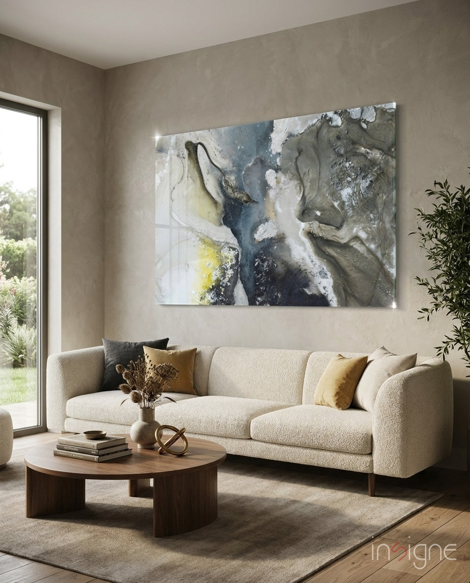 Charcoal and yellow ink swirl marble glass wall art