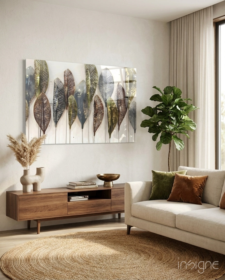 Copper leaves glass wall art with embossed metal-relief botanical design