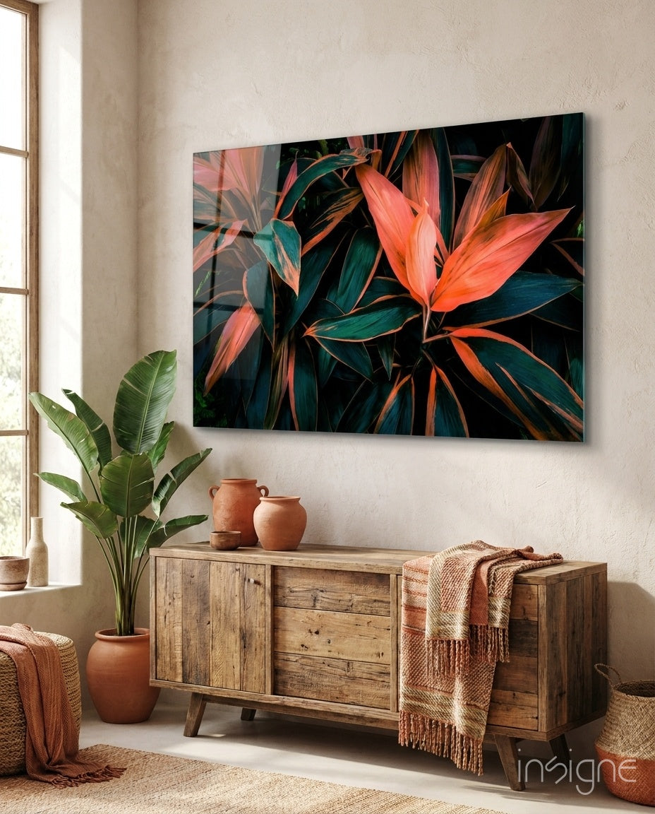 Tropical leaves glass wall art in coral and emerald