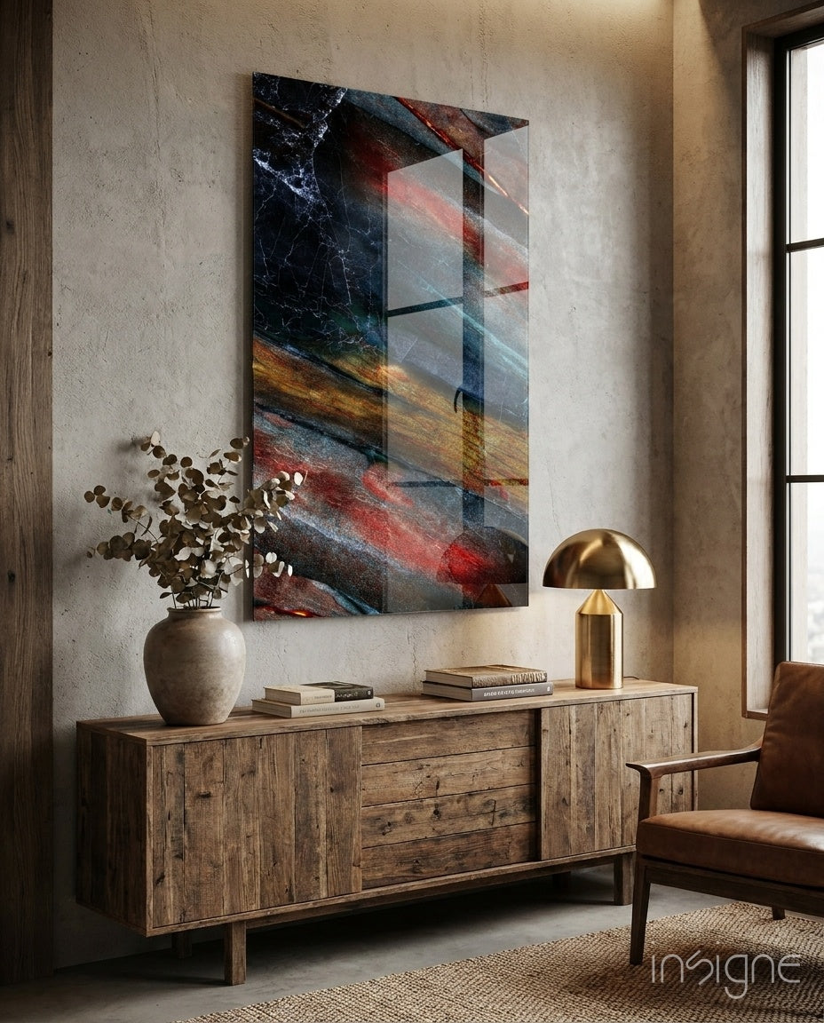 Abstract glass wall art with mineral striations