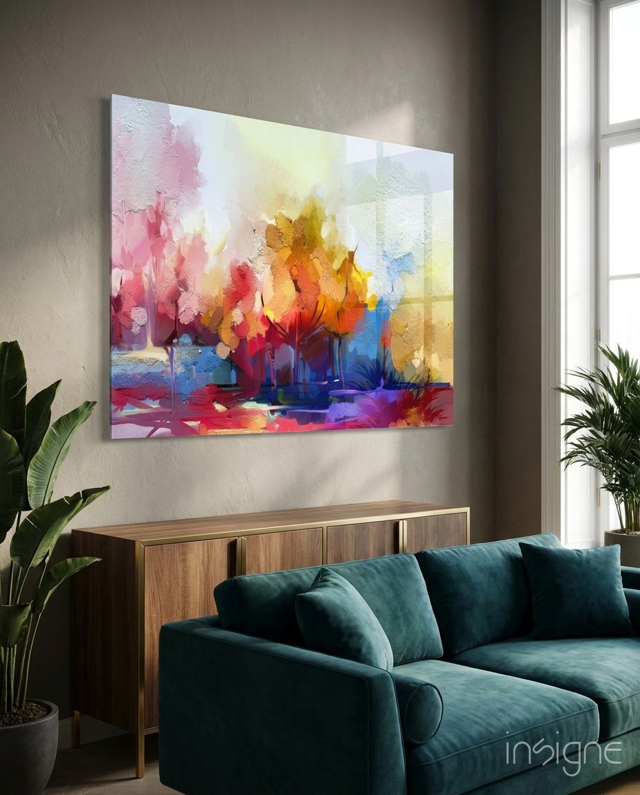Abstract Trees impressionist glass wall art in coral and pearl tones