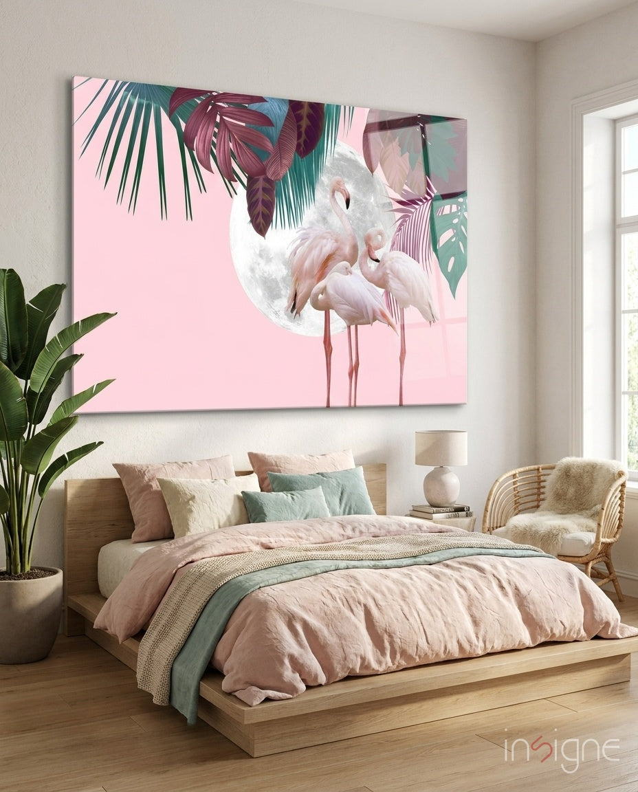 Flamingo flock moon glass wall art