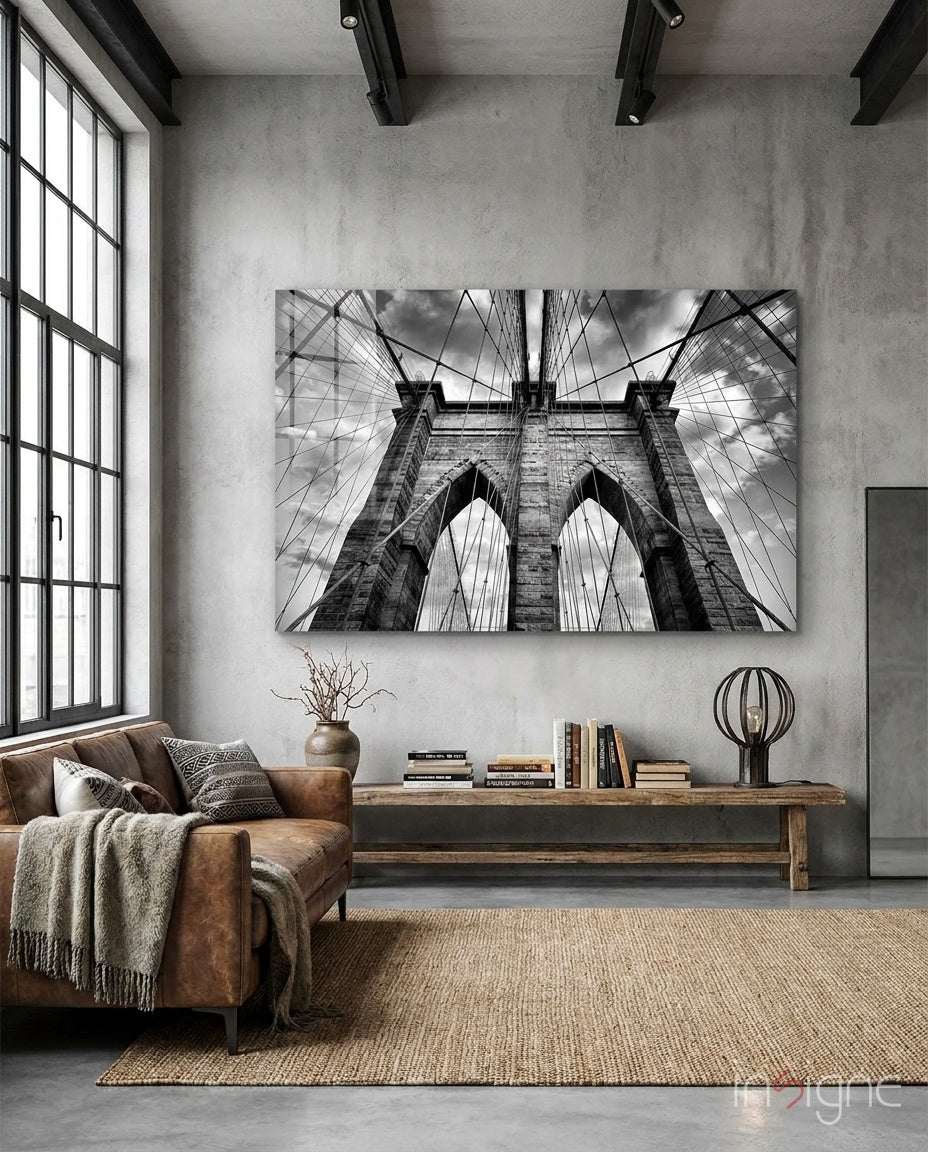 Brooklyn Bridge monochrome architectural tempered glass wall art