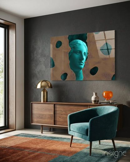 Teal vaporwave bust glass wall art