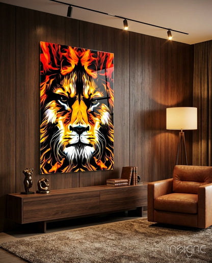 Fire lion portrait glass wall art