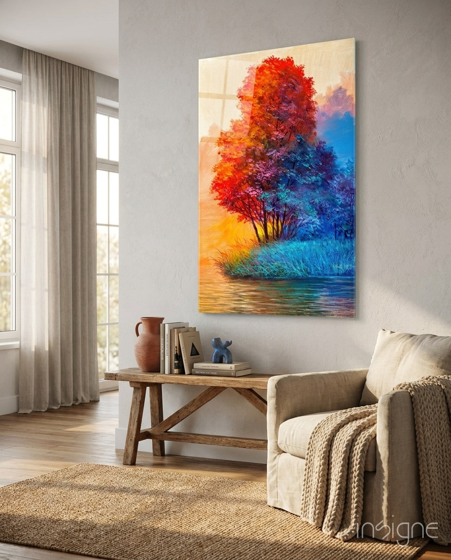 Riverside red tree glass wall art