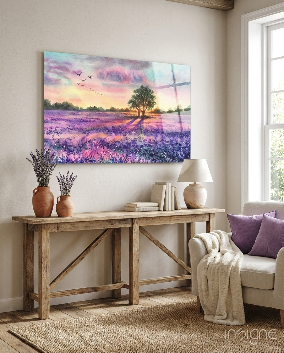 Lavender Field Glass Wall Art with lone tree at sunset