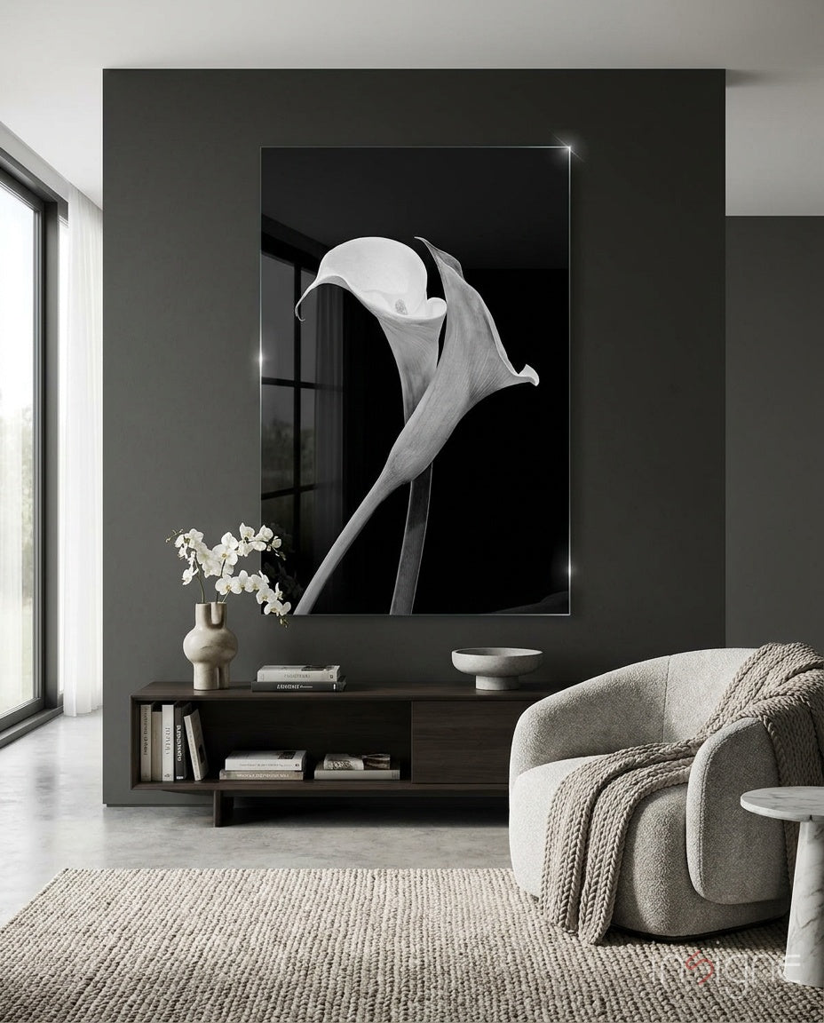 Monochrome calla lily glass wall art