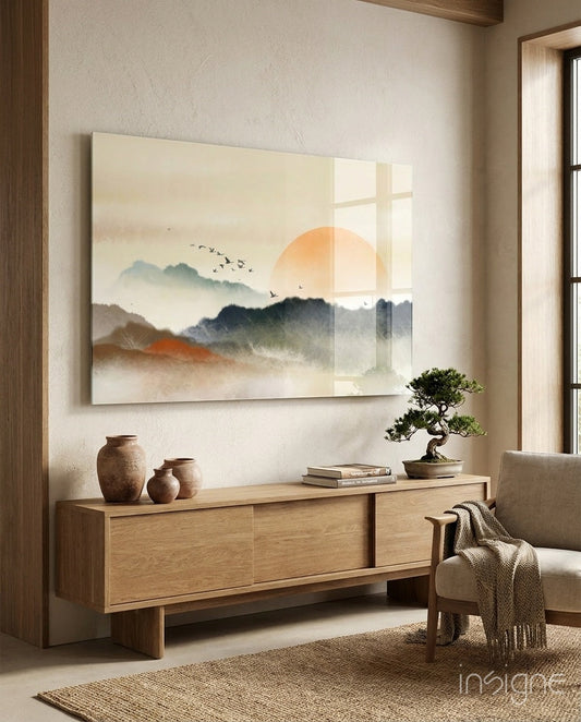 Sumi Landscape Abstract Glass Wall Art print with misted peaks