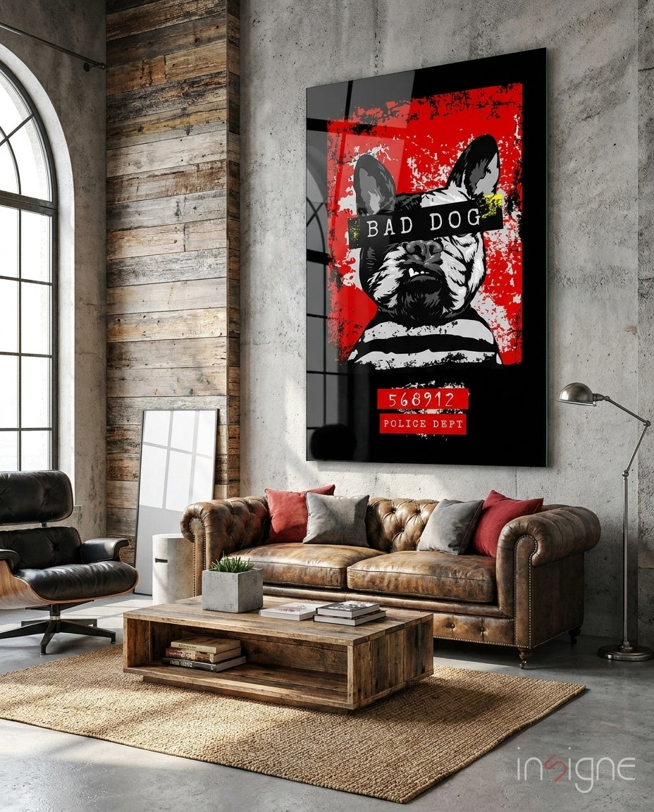 Bad dog glass wall art, cheeky dog portrait on high-gloss tempered glass