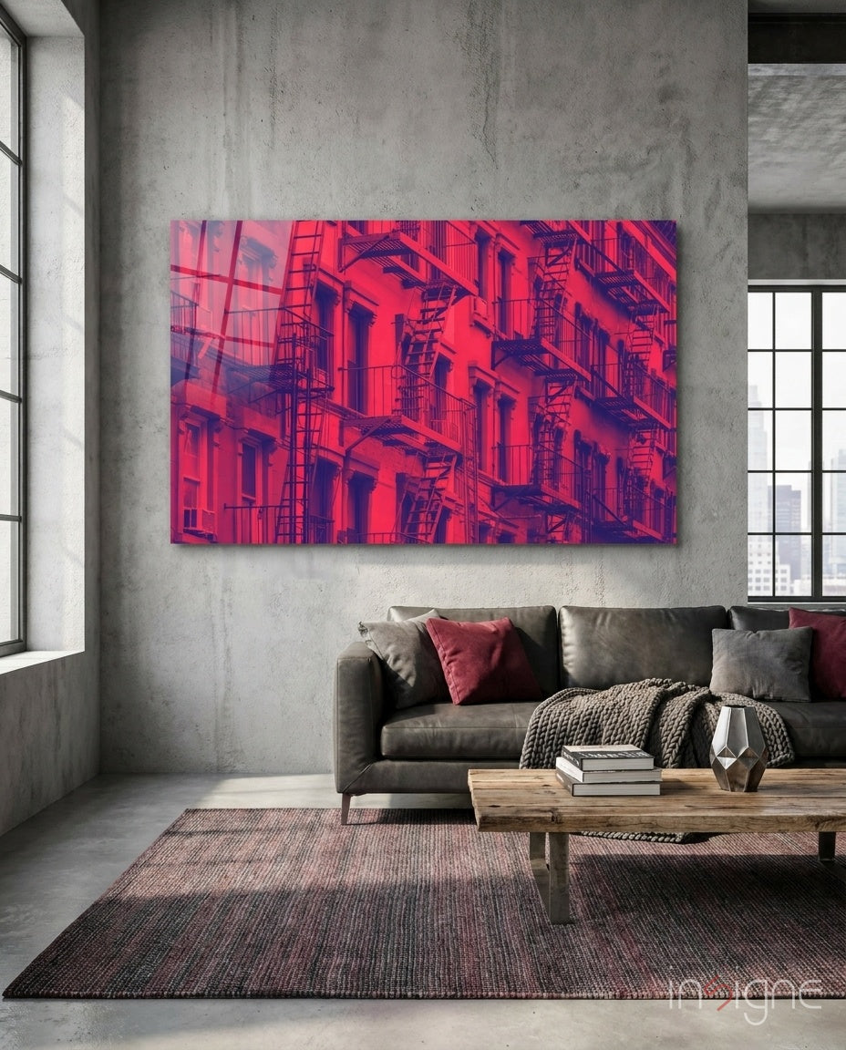Crimson Cityscape Windows Glass Wall Art