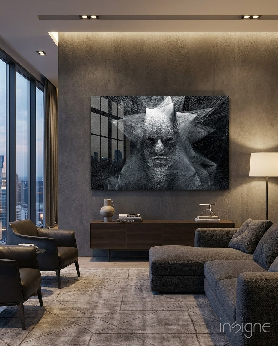 Geometric wire face glass wall art digital portrait