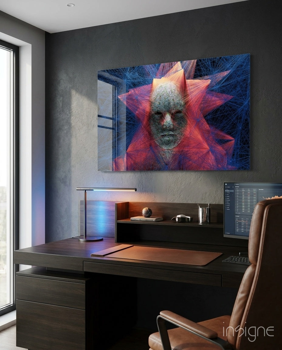 Red blue polygon starburst face glass wall art