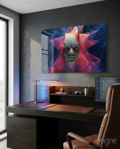 Red blue polygon starburst face glass wall art