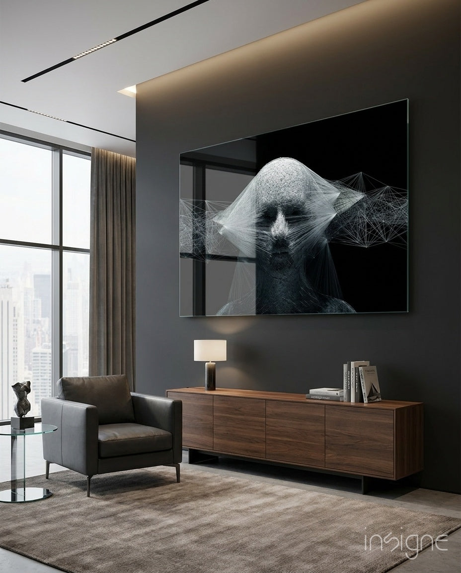 White Wireframe Face Glass Art