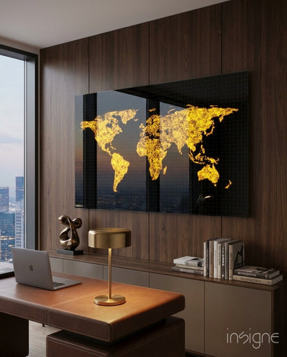 World Map Glass Wall Art gold flame design