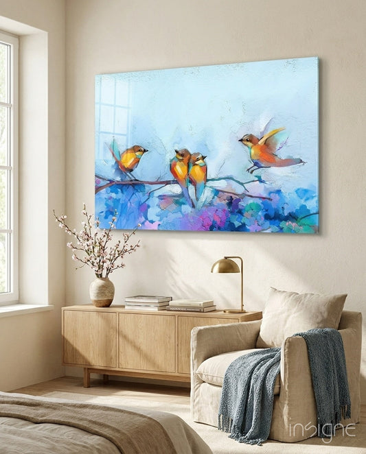 Tiny birds glass wall art - four impressionist songbirds on cobalt-magenta branch, tempered glass