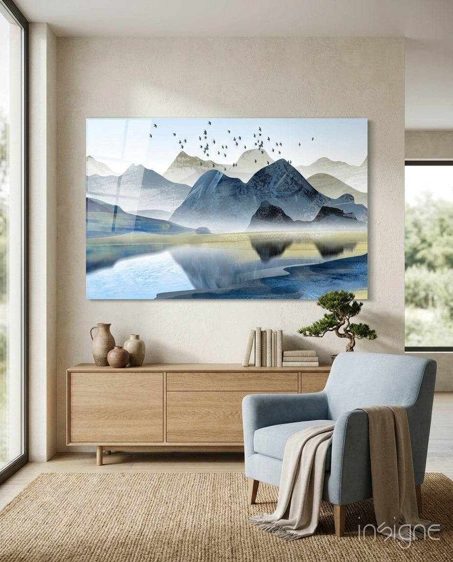 Minimalist cobalt mountain ridges over a lake glass wall art