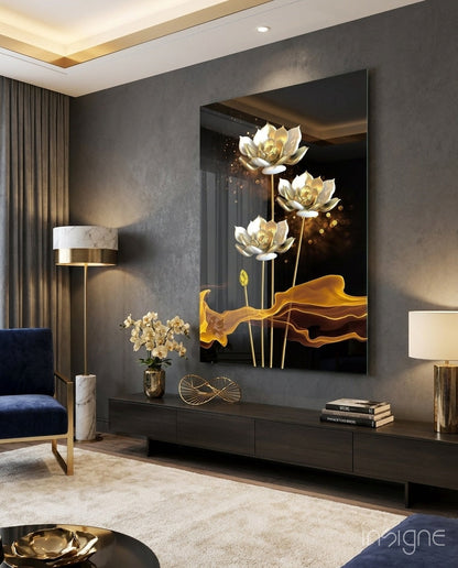 Golden lotus floral glass wall art on black