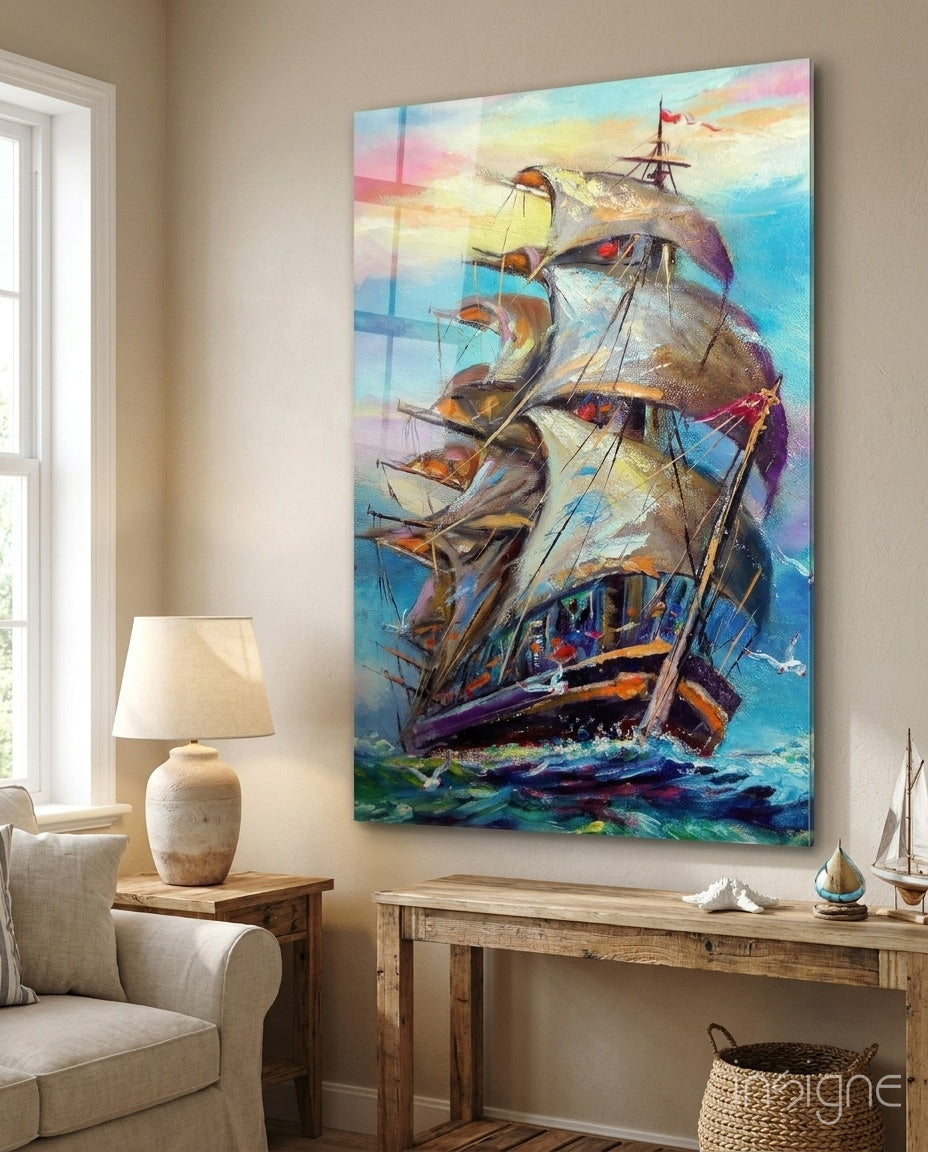 Galleon sailboat glass wall art, tall-masted ship through impasto waves at dawn, cobalt and pearl