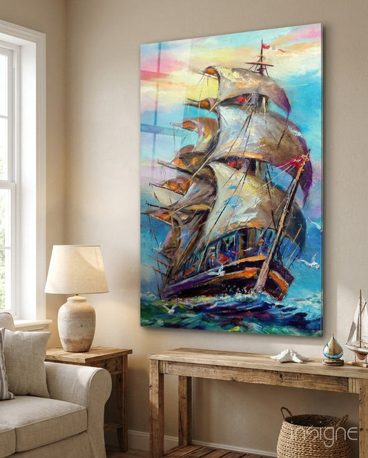 Galleon sailboat glass wall art, tall-masted ship through impasto waves at dawn, cobalt and pearl